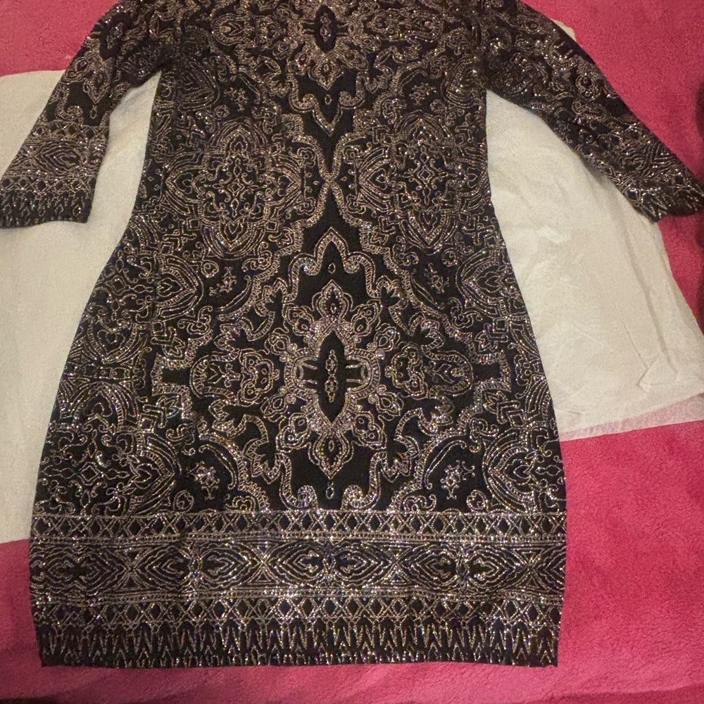 Altar’d State Elegant Black and Gold Patterned Dress.